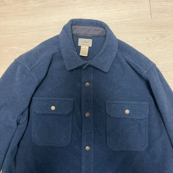 ll bean Shacket Men’s Medium Tall Elbow Patched Blue Snap Button - Picture 5 of 8